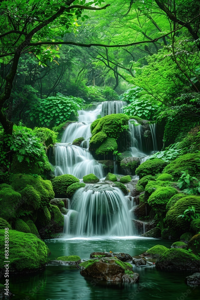 Serene Waterfall in Lush Green Forest with Moss-Covered Rocks and Flowing Water Serene Waterfall in Lush Green Forest with Moss-Covered Rocks and Flowing Water