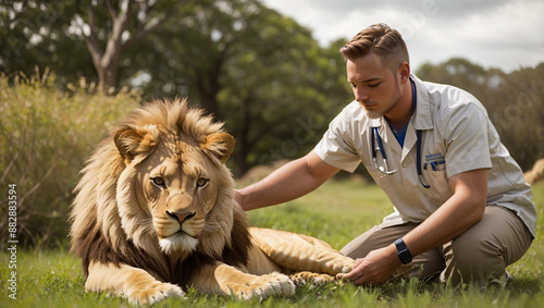 The image shows two veterinarians in white coats, sitting on the grass with a large lion lying between them.

 photo