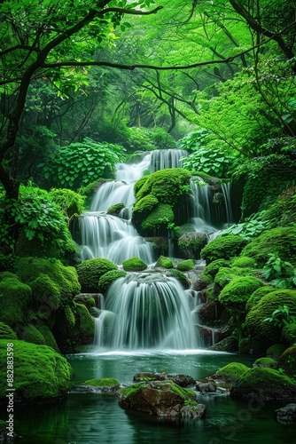 Serene Waterfall in Lush Green Forest with Moss-Covered Rocks and Flowing Water