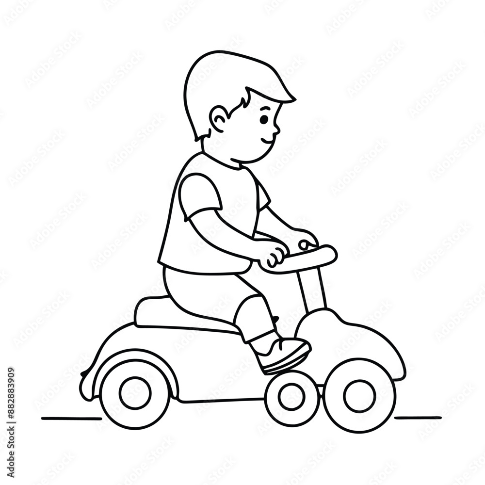 toddler sitting on a toy car. line art vector illustration toddler sitting on a toy car. line art vector illustration