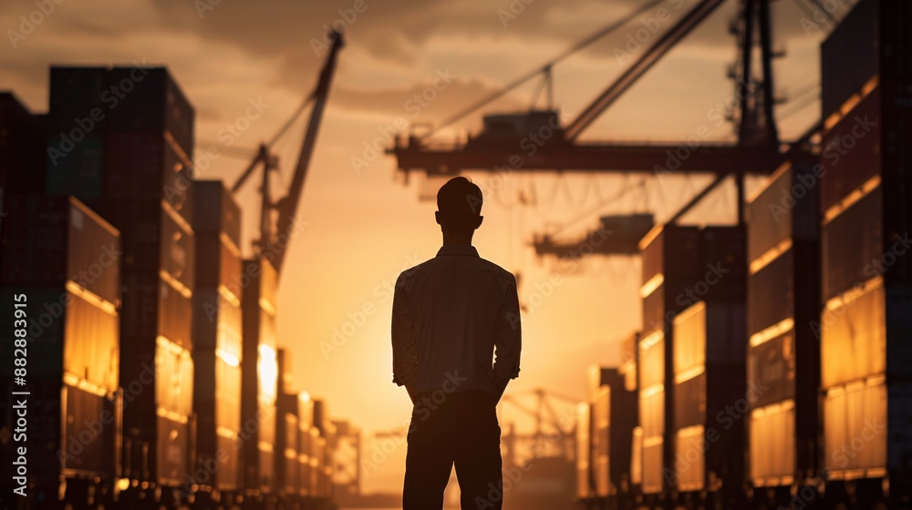 The shadowy outline of a logistics manager is framed by an industrial backdrop of cranes and containers, representing the coordination of transportation and distribution activities. The shadowy outline of a logistics manager is framed by an industrial backdrop of cranes and containers, representing the coordination of transportation and distribution activities.