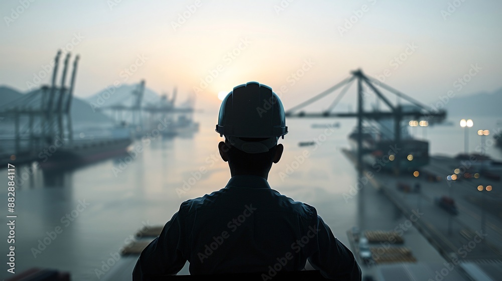 A logistics manager's silhouette is framed by the expansive view of an industrial port, with cranes and ships indicating the dynamic nature of transportation and distribution. A logistics manager's silhouette is framed by the expansive view of an industrial port, with cranes and ships indicating the dynamic nature of transportation and distribution.