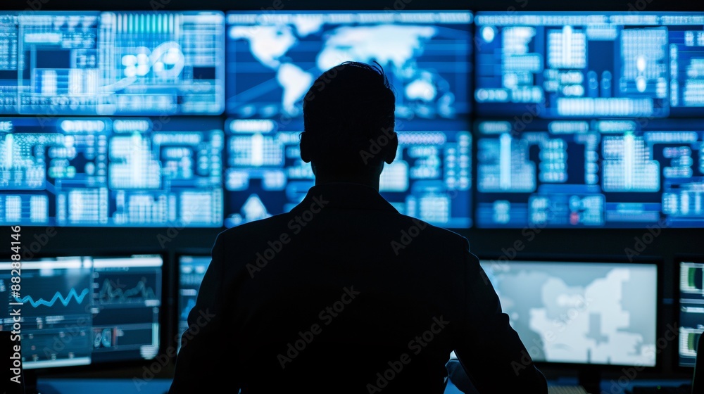 The shadowy figure of a manager stands amidst a high-tech control room, overseeing logistic operations with transportation routes displayed on large screens. The shadowy figure of a manager stands amidst a high-tech control room, overseeing logistic operations with transportation routes displayed on large screens.