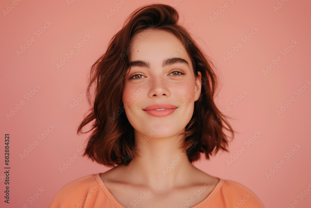 Cheerful Young Woman Smiling Against Pink Background Cheerful Young Woman Smiling Against Pink Background