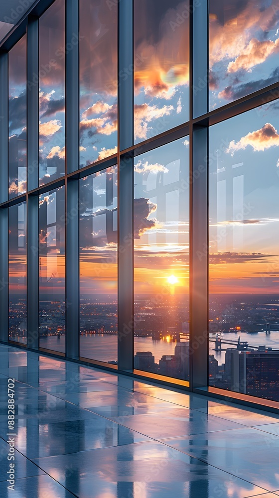 Fototapeta premium Beautiful sunset over the city seen through large floor-to-ceiling windows in an empty modern office building