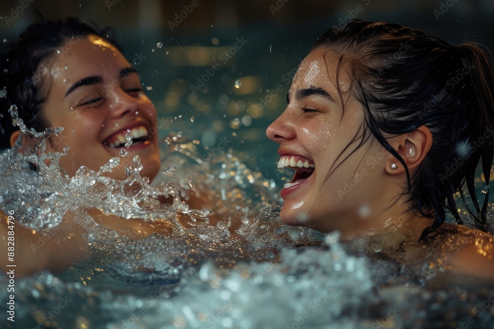 Obraz premium Joyful Friends Laughing and Splashing in a Swimming Pool at Night