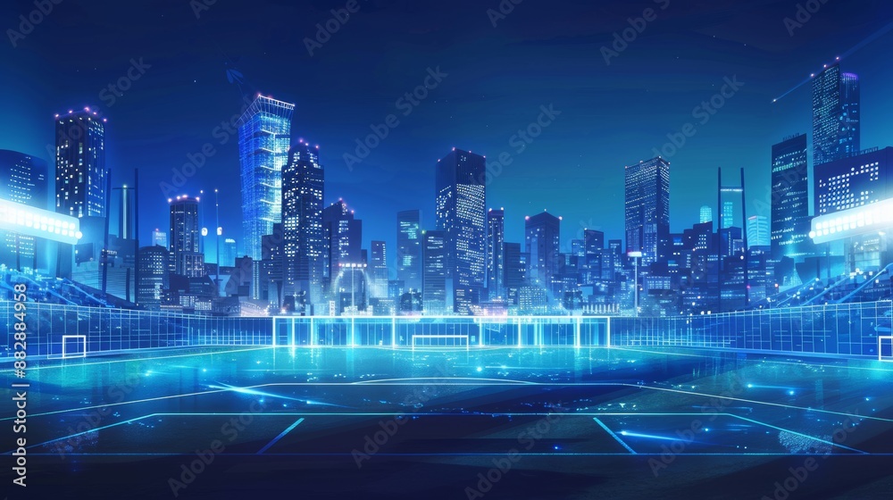 A digital illustration , The setting is an open-air football stadium, illuminated by bright lights and surrounded by skyscrapers in blue color,and the overall atmosphere conveys excitement about s A digital illustration , The setting is an open-air football stadium, illuminated by bright lights and surrounded by skyscrapers in blue color,and the overall atmosphere conveys excitement about s