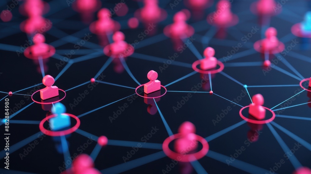 Illustration of a digital social network concept, featuring interconnected human icons on a dark background with glowing connections. Illustration of a digital social network concept, featuring interconnected human icons on a dark background with glowing connections.