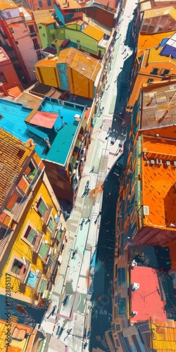 Barcelona, Spain, Oil painting, digital illustration, exareated angle, from above, 3 point perspective, travel poster, travel, vibrant colors stylize 450  photo