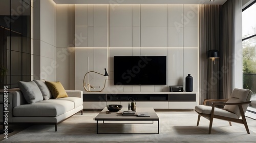modern and minimal living room interior design, TV wall design, contemporary interior design, 3D render, cinematic lighting