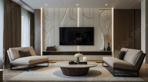 modern and minimal living room interior design, TV wall design, contemporary interior design, 3D render, cinematic lighting © ZADpro