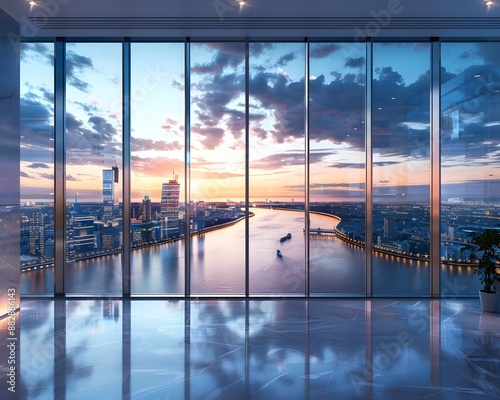 Beautiful sunset over the city seen through large floor-to-ceiling windows in an empty modern office building