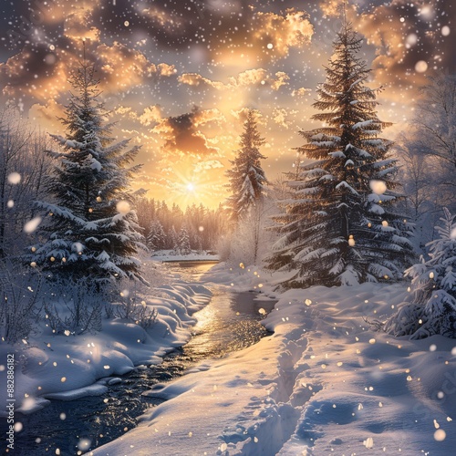 sunset in the forest with snow falling on the ground 
