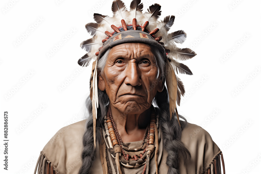 Obraz premium American Indian on a white background. History of America. History book. Historical reconstitution. Indian Chief.