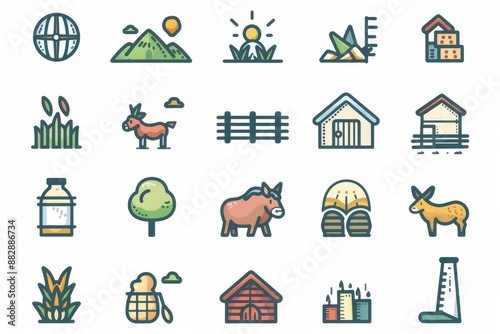 Draw a set of UI illustration icons, including grass, livestock in the fence, weather, finance, reports, and data