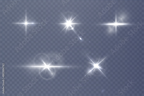 Flash, realistic highlights, glowing effects, camera light, sunlight reflection, stars, isolated highlights, sparkling highlights. Isolated on transparent background, png. Celestial, space elements	
