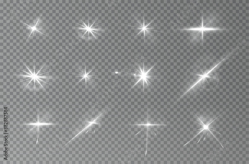 Flash set, realistic highlights, glowing effects, camera light, sunlight reflection, stars, isolated highlights, sparkling highlights. Isolated on transparent background, png. Celestial, space 