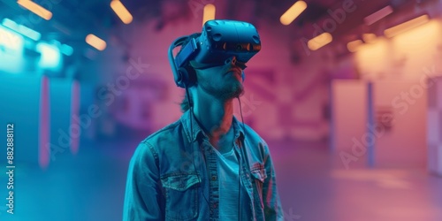 A Young Man Experiencing a VR Adventure in a Futuristic Cityscape