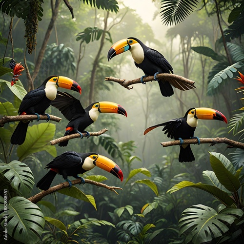 group of  toucan on a tree,toucan on a tree,Toucan close up view, Toucan with feathers, Toucan, Toucan full picture with simple background, top level view, Toucan, 3d picture of Toucan,toucan in jungl photo