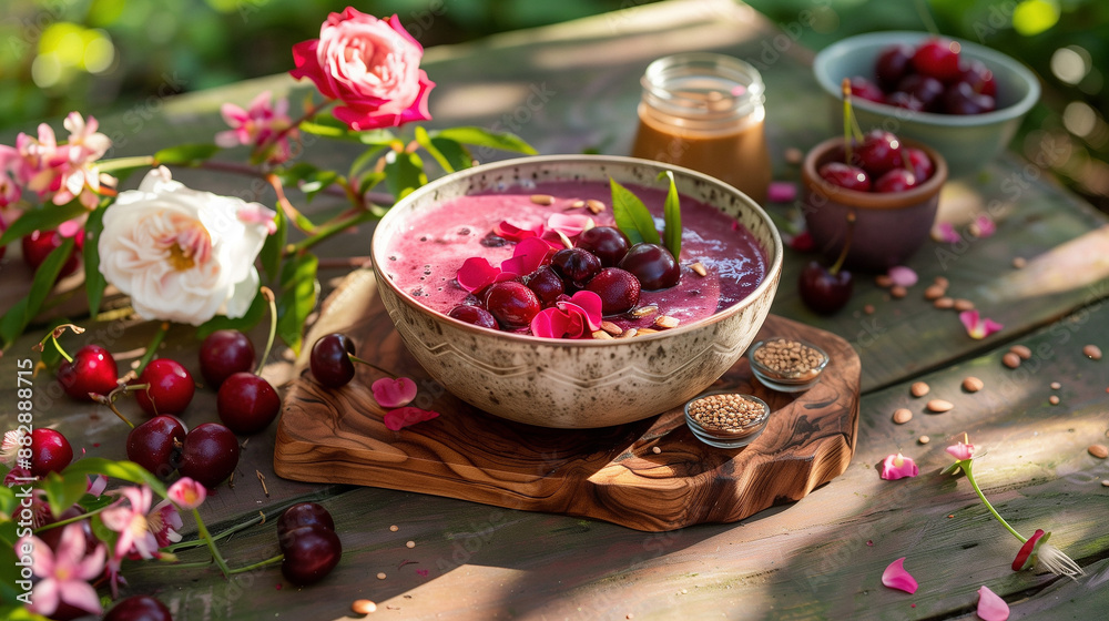 Berry smoothie made from fresh ripe berries in a deep bowl, decorated with cherries and cherries, chia seeds, pine nuts and rose petals
