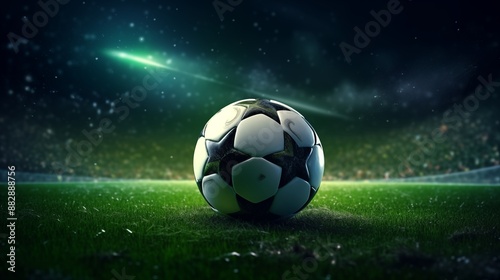 Modern soccer ball lying on green grass on stadium at night.