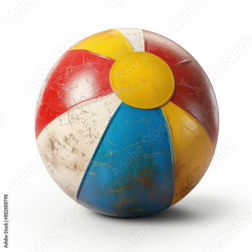 Vintage Colorful Beach Ball with Scratches and Wear Isolated on White Background