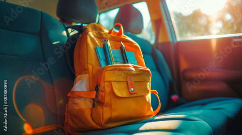 School backpack placed on the rear seat of a car