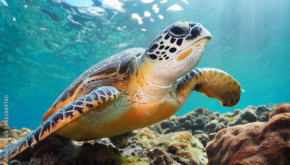 Fototapeta premium Close-up of a turtle swimming underwater