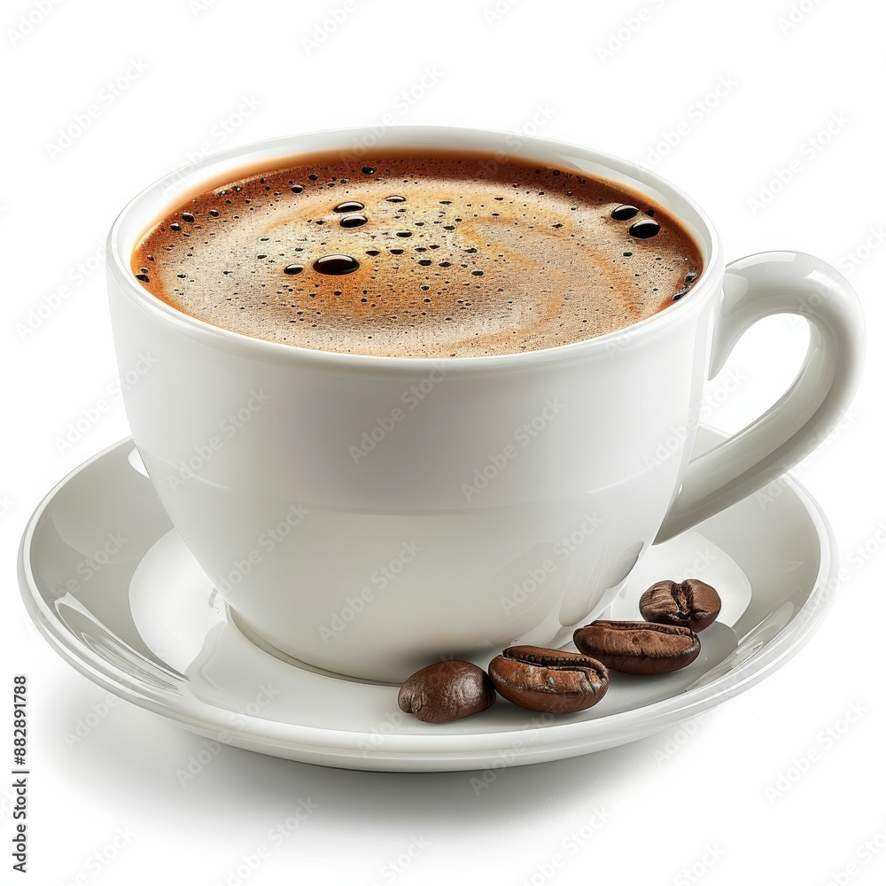 Obraz premium Freshly Brewed Coffee in White Cup with Coffee Beans on Saucer - Perfect Morning Beverage