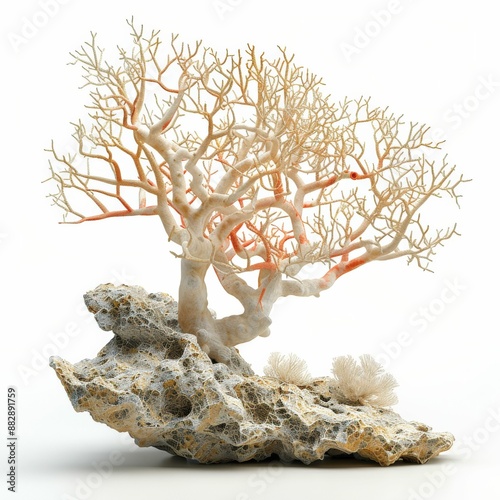 Detailed Close-Up of a Beautiful Coral Specimen on a Rock Against a White Background