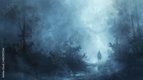 Artistic depiction of a mystery man disappearing into misty woods