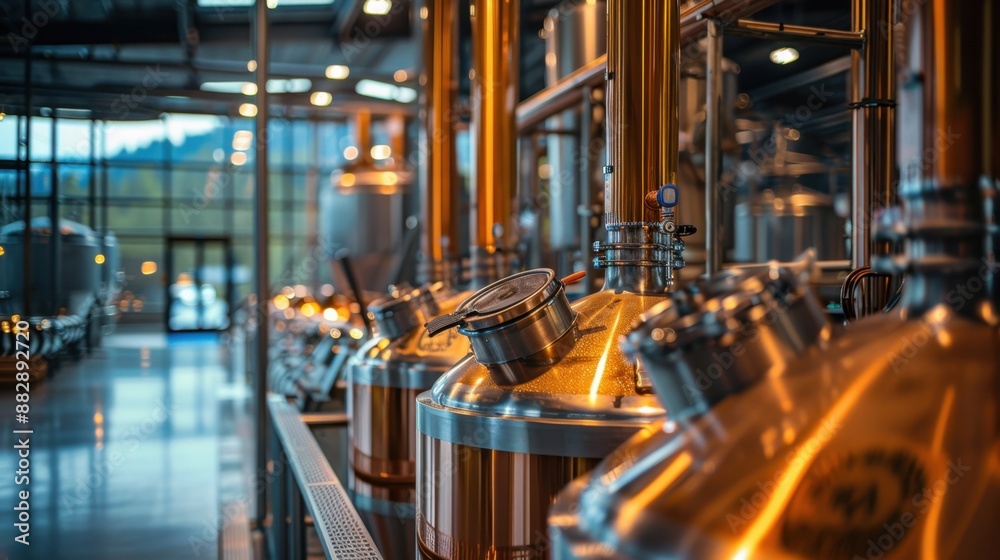 Fototapeta premium Smart brewery with automated control systems, digital interfaces, and precise monitoring, in a high-tech facility, emphasizing efficiency and innovation. 