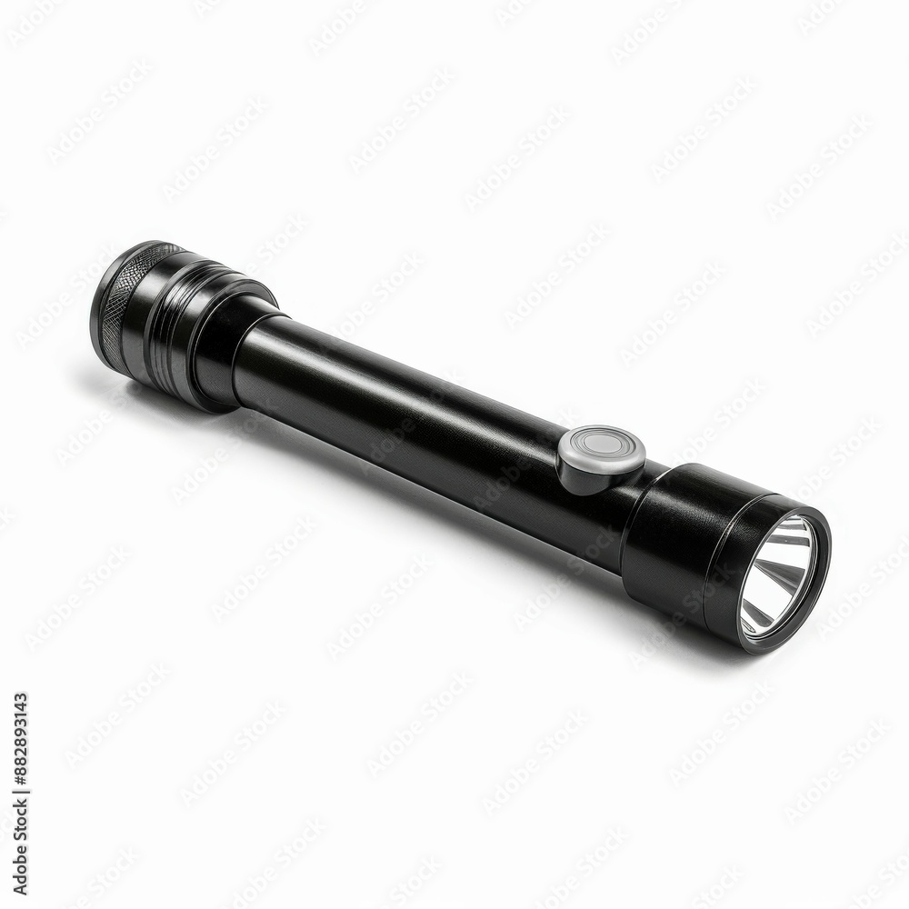 Sleek Black Flashlight with Button Switch Isolated on White Background - High-Quality Portable Lighting Device Sleek Black Flashlight with Button Switch Isolated on White Background - High-Quality Portable Lighting Device
