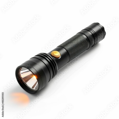 Sleek Black Flashlight with Textured Grip and Illuminated Bulb on White Background