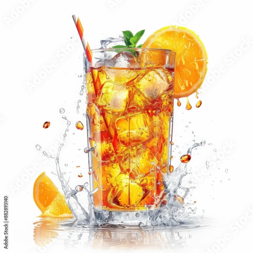Refreshing Iced Tea with Orange Slice and Mint Leaves in a Glass with Splashing Water on White Background