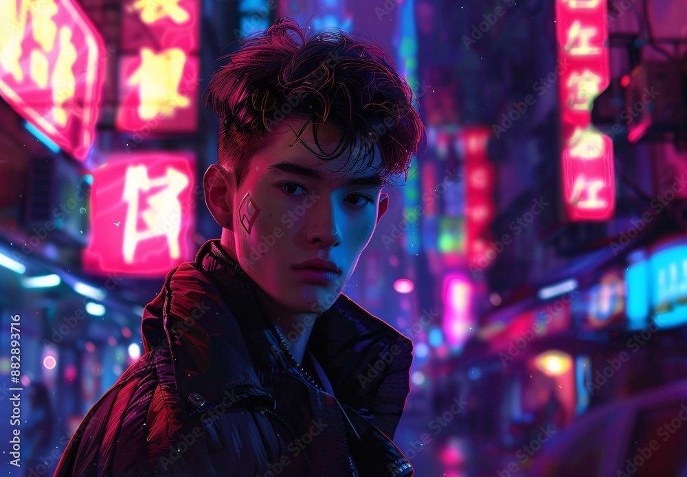 Obraz premium A handsome looking Asian young boy with short hairs standing outside of a club area 