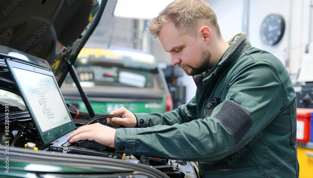 An engineer is using a laptop to repair a car engine, making gestures near the windshield An engineer is using a laptop to repair a car engine, making gestures near the windshield