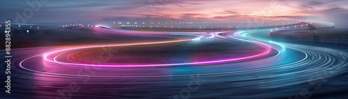 A neon colored road with a bright blue sky in the background