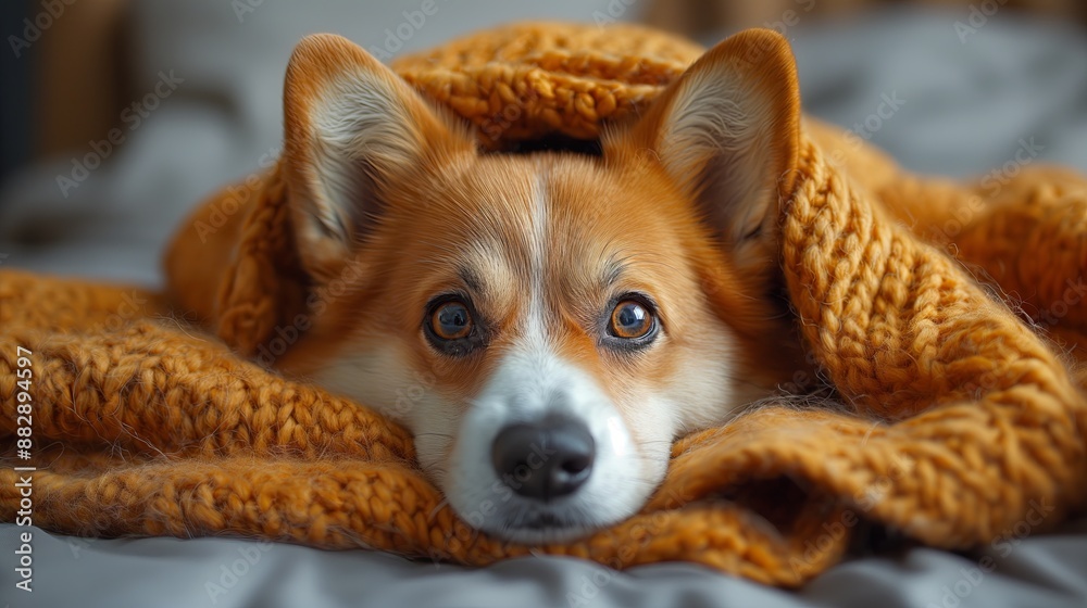 Cozy Corgi Wrapped in a Warm Blanket for Pet Lovers and Comfort-Themed Promotions Cozy Corgi Wrapped in a Warm Blanket for Pet Lovers and Comfort-Themed Promotions