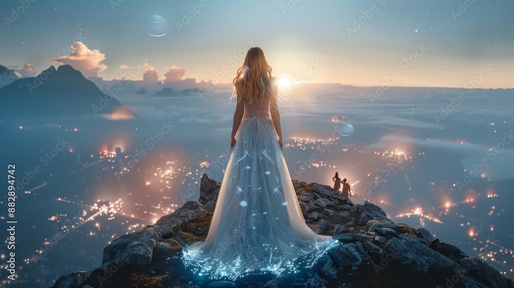 Solitary woman in white dress surveys city grid with glowing data streams from mountain peak Solitary woman in white dress surveys city grid with glowing data streams from mountain peak