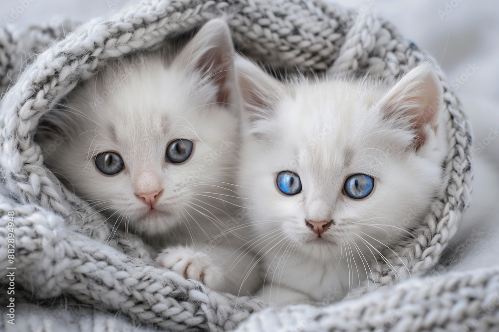 two beautiful white khao manee kittens, with diferent color vivid eyes, coming out of a comfortable grey woollen hat. two beautiful white khao manee kittens, with diferent color vivid eyes, coming out of a comfortable grey woollen hat.