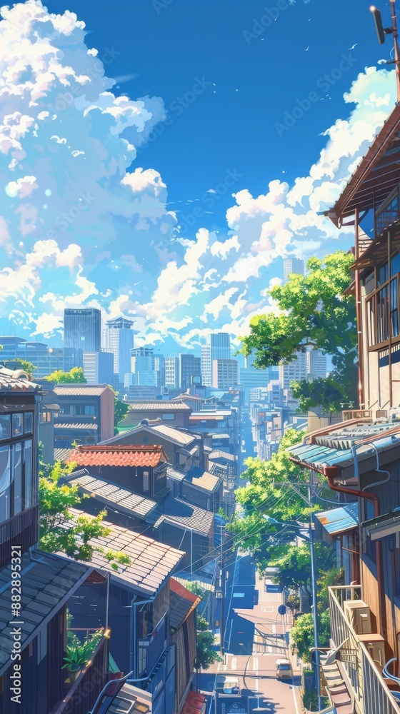Illustration style, Japanese manga style, noon city, high angle perspective, buildings, sunshine, blue sky, white clouds, blue and white, delicate and simple strokes, 4k Illustration style, Japanese manga style, noon city, high angle perspective, buildings, sunshine, blue sky, white clouds, blue and white, delicate and simple strokes, 4k