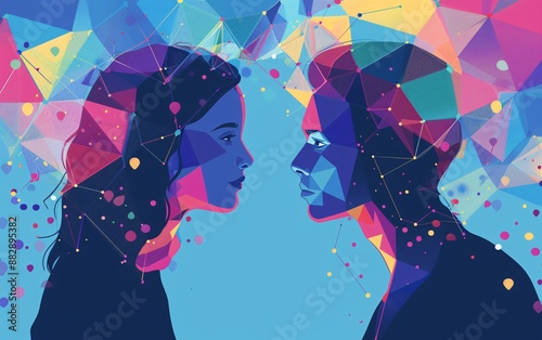 A man and woman facing each other directly looking in each other eyes with blue background made up of pattern design 