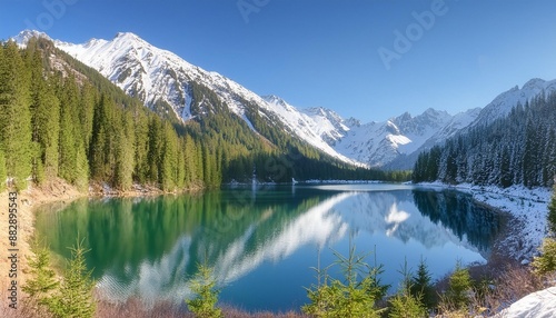 Tranquil lake surrounded by snow-capped mountains