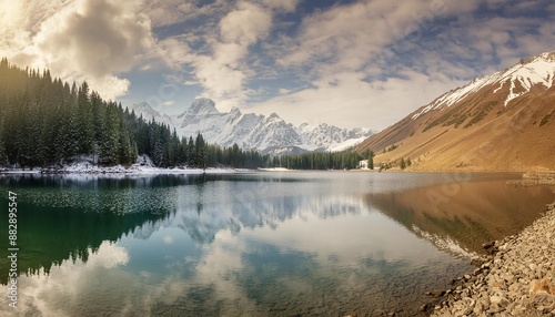 Tranquil lake surrounded by snow-capped mountains