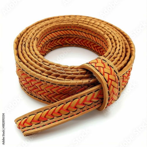 Handwoven Leather Belt with Intricate Red and Tan Braided Design, Rolled Up on White Background