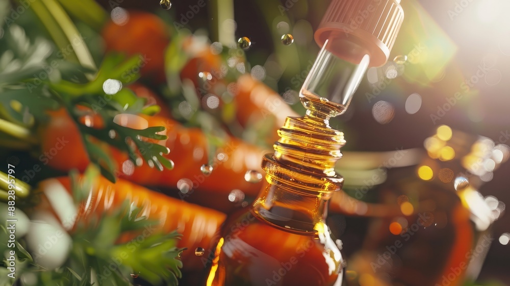 a drop of carrot essential oil. Selective focus a drop of carrot essential oil. Selective focus