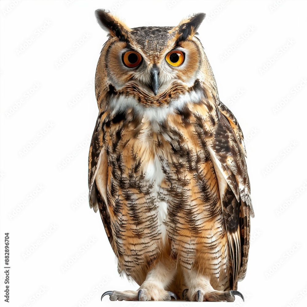 Fototapeta premium Majestic Eurasian Eagle Owl with Striking Orange Eyes and Detailed Plumage Isolated on White Background