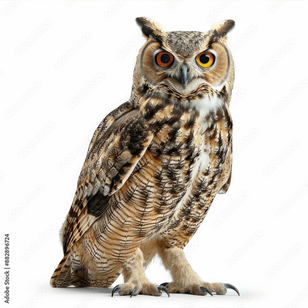 Obraz premium Majestic Eurasian Eagle-Owl with Striking Orange and Yellow Eyes Posing Against White Background