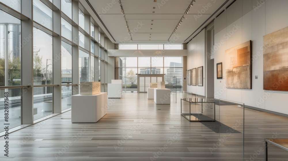 A modern art gallery with floor-to-ceiling glass walls, minimalist display stands, and contemporary artworks.